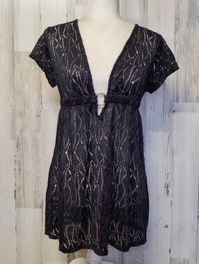 Catalina Black Lace-Style Short Cover-Up  Front Silver Ring Detail Size 4/6
